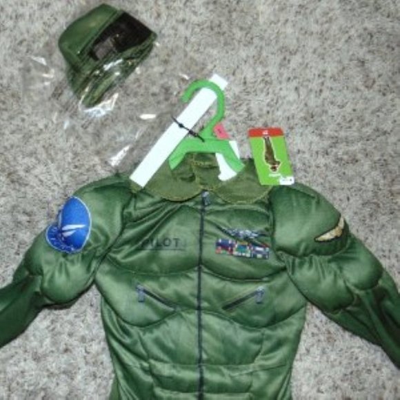 Toddler Aviator Pilot Halloween Costume 2T Muscle Green Jumpsuit & Mask Boys - Picture 4 of 6
